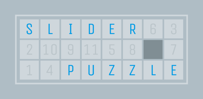 A pretend slider puzzle that has pieces that are made up numbers and the letters that make up the game name "Slider Puzzle".