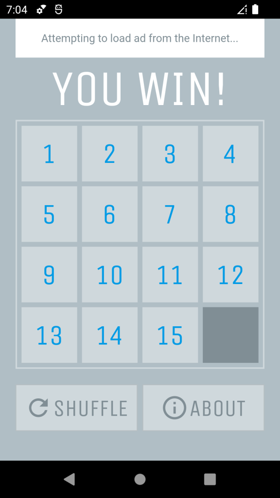 A screenshot of a solved slider puzzle with the words "YOU WIN!" at the top.